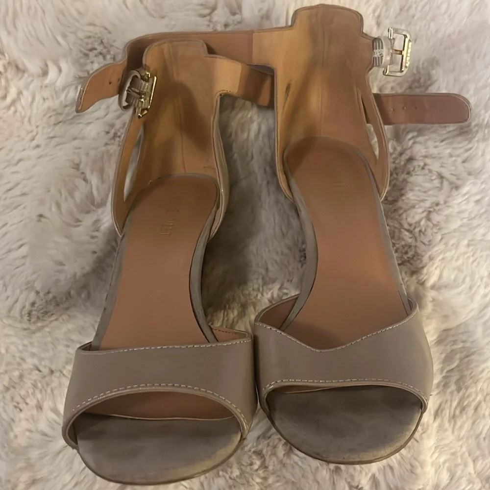 Nine West Womens Beige Taupe Leather Peep Toe Ankle Strap Wedge Heel Shoes 7